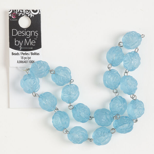 Link 1pkg18, antique silver-finished steel and acrylic, light blue, 16mm frosted carved flower. image number 0