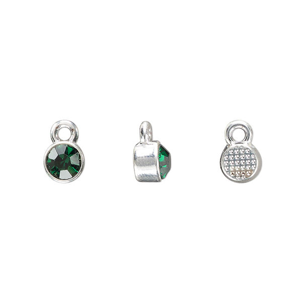 Drop, silver-finished "pewter" (zinc-based alloy) and glass rhinestone, emerald green, 6mm faceted round, May birthstone. Sold per pkg of 10. image number 0
