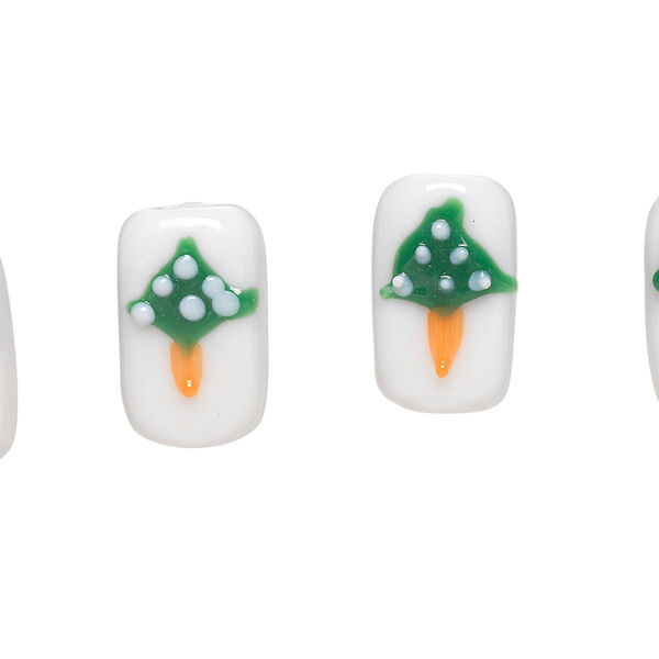 Bead, lampworked glass, white and green, 16x10mm double-sided rectangle with Christmas tree. Sold per pkg of 4. image number 0