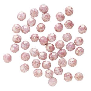 Bead, Czech glass, opaque pink and light pink travertine, 6mm round. Sold per pkg of 42.