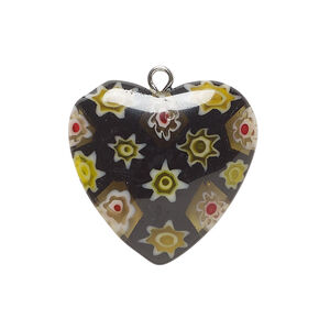 Drop, millefiori glass and silver-finished steel 1pkg1, opaque yellow and multicolored, 24-26mm puffed heart.