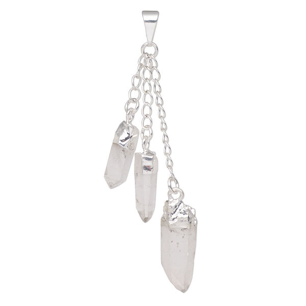 Pendant, Everyday Jewelry, silver-plated brass and quartz crystal (natural), (3) 49-51mm dangling points. Sold individually. image number 0