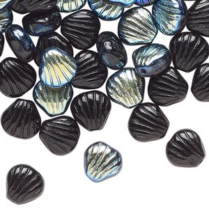 Bead pressed glass 1pk 9x8mm-9mm textured shell, 1 ounce opaque black AB