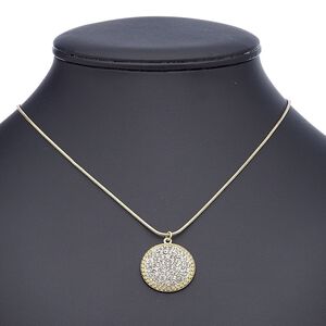 Necklace, glass rhinestone with gold-finished steel and "pewter" (zinc-based alloy), clear, 25.5mm round, 18 inches with 2-inch extender chain and lobster claw clasp. Sold individually.