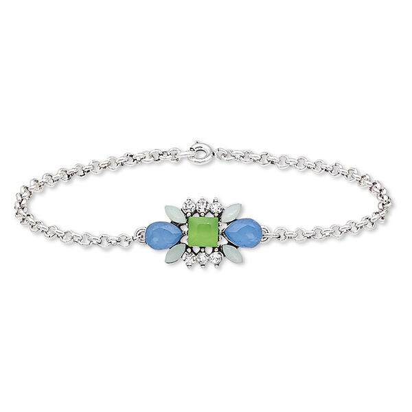 Bracelet, acrylic / glass rhinestone / silver-plated steel / "pewter" (zinc-based alloy), multicolored, 25x15mm flower, 7-1/2 inches with springring clasp. Sold individually. image number 0