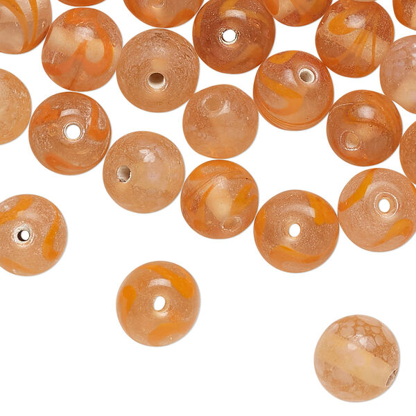 Bead, lampworked glass, translucent orange and clear, 9x8mm round with swirl design. Sold per 2-ounce pkg of approximately 75 beads. image number 0