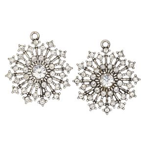 Charm, antique silver-finished "pewter" (zinc-based alloy) and glass, clear, 27mm single-sided snowflake. Sold per pkg of 2.