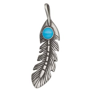 Pendant, Everyday Jewelry, antiqued pewter and resin, turquoise blue, 51.5x16mm single-sided feather. Sold individually.