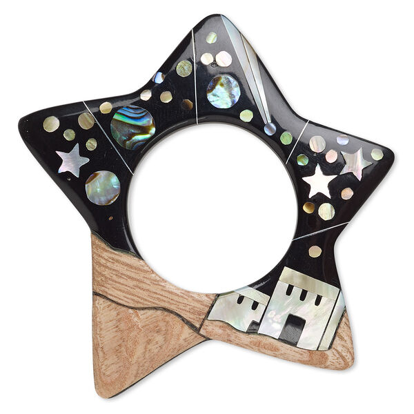 Focal, wood / mother-of-pearl shell / paua shell / resin (natural / assembled), black, 55x54mm single-sided star go-go with buildings / stars / planets. Sold individually. image number 0