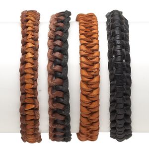 Bracelet mix, leather (dyed), brown / black / tan, 10mm wide, adjustable from 6 to 7-1/2 inches with tie closure. Sold per pkg of 4.