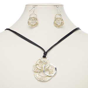 Necklace and earring set, enamel / waxed cotton cord / imitation rhodium-plated steel / brass / "pewter" (zinc-based alloy), black and yellow, 54x48mm circles, 18-inch necklace with 2-inch extender chain and lobster claw clasp, 41mm earrings with fishhook ear wire. Sold per set.