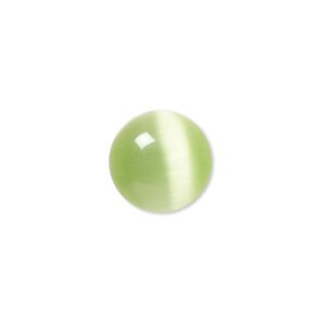 Cabochon, cat's eye glass (fiber optic glass), light green, 14mm calibrated round, quality grade. Sold per pkg of 10.