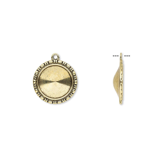 Drop, Almost Instant Jewelry®, antique gold-finished "pewter" (zinc-based alloy), 24mm round with beaded design and 18mm rivoli setting. Sold per pkg of 6. image number 0