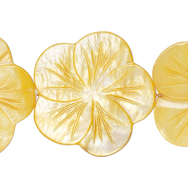 Bead, mother-of-pearl shell (dyed), golden yellow, 29x28mm-31x30mm carved flat flower, 0.6-0.8mm hole, Mohs hardness 3-1/2. Sold per 15-inch strand. image number 0