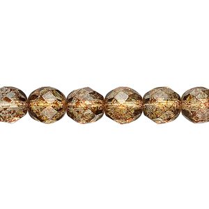 Bead, Czech fire-polished glass, tortoise gold, 8mm faceted round. Sold per 15-1/2" to 16" strand, approximately 50 beads.