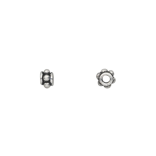Bead, antique silver-plated white brass, 5x4mm fancy rondelle with beaded accents. Sold per pkg of 25. image number 0