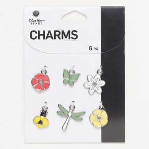 Charm assortment, silver-finished "pewter" (zinc-based alloy) / glass / enamel, multicolored, 12x9mm-19x16mm nature theme. Sold per pkg of 6.