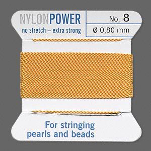 Thread, Griffin, nylon, amber yellow, size #8. Sold per 2-meter card (approximately 78 inches).
