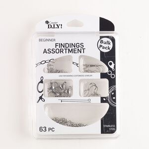 Finding assortment, stainless steel, pkg/1, assorted sizes and shapes, silver finish and antique silver finish.