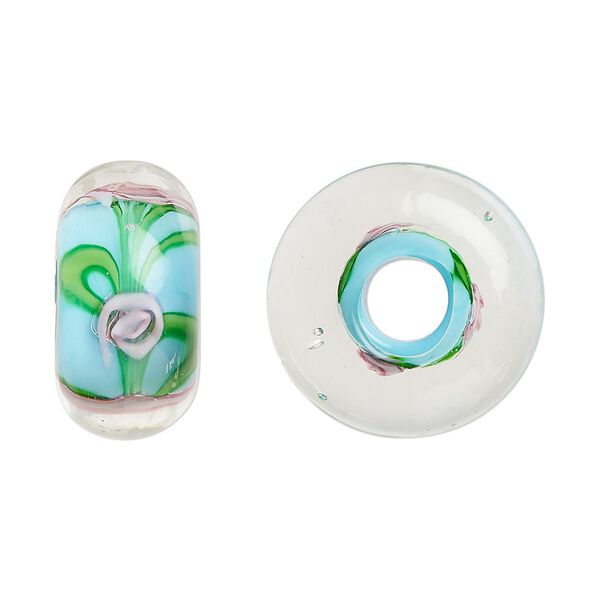 Bead, lampworked glass, opaque light blue and multicolored, 20x10mm rondelle with rose. Sold per pkg of 2. image number 0