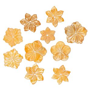 Focal and component mix, mother-of-pearl shell (dyed), orange, 15-20mm hand-carved flower, Mohs hardness 3-1/2. Sold per pkg of 10.