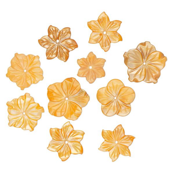 Focal and component mix, mother-of-pearl shell (dyed), orange, 15-20mm hand-carved flower, Mohs hardness 3-1/2. Sold per pkg of 10. image number 0