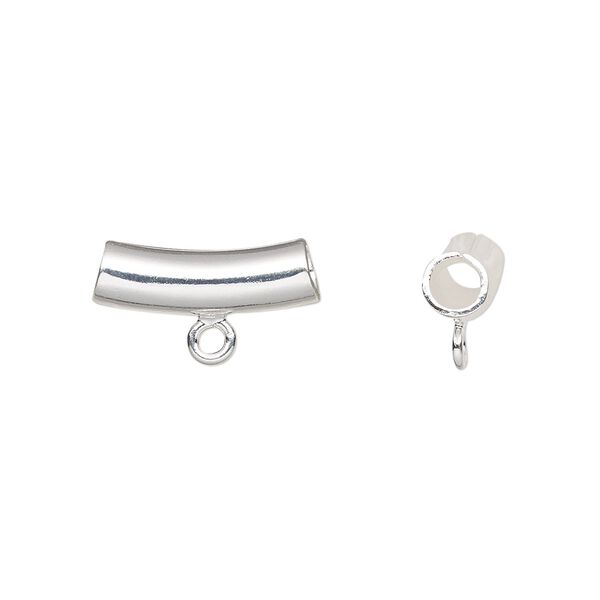 Bead, silver-plated brass, 14x5mm curved tube with loop. Sold per pkg of 10. image number 0