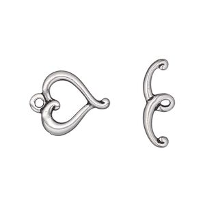 Clasp toggle 1pkg1 silver-plated pewter (tin alloy), 14.5mm heart, antique TierraCast® 1-strand