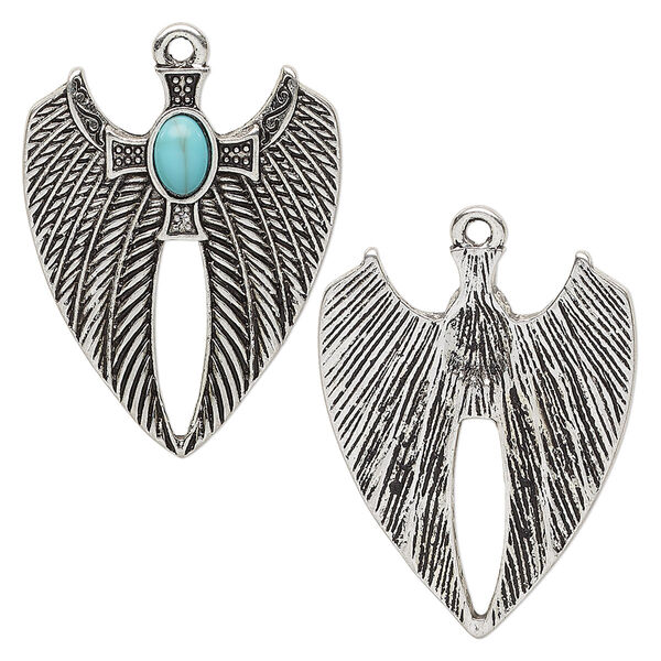 Drop, "turquoise" (resin) (imitation) and antique silver-finished "pewter" (zinc-based alloy), turquoise blue, 29x23mm single-sided wings with cross. Sold individually. image number 0