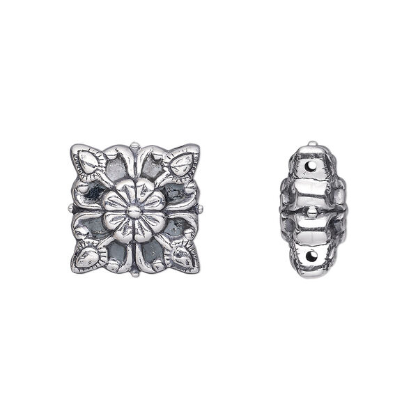 Spacer bead, antiqued sterling silver, 14mm 2-strand double-sided puffed square with fancy flower design. Sold individually. image number 0