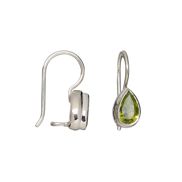 Earring, peridot (natural) and sterling silver, 17mm with 9x6mm faceted pear and fishhook ear wire with safety. Sold per pair. image number 0