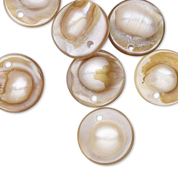 Drop, blister pearl shell (natural), 15mm single-sided puffed flat round. Sold per pkg of 10. image number 0