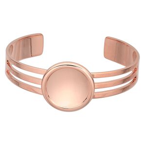 Bracelet, Almost Instant Jewelry®, cuff, copper-plated brass and "pewter" (zinc-based alloy), 64x25mm with 20mm round setting, adjustable. Sold individually.