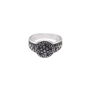 Ring, sterling silver and enamel, black, 12.5mm round with flower design, size 7. Sold individually.