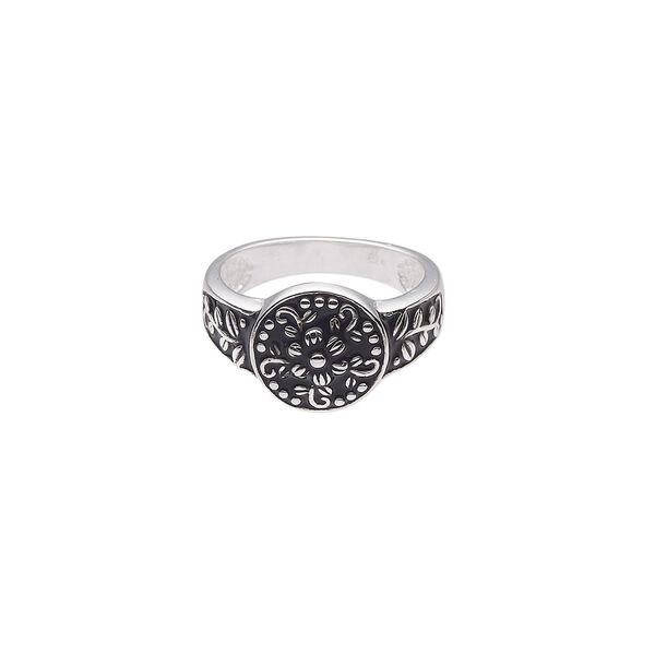 Ring, sterling silver and enamel, black, 12.5mm round with flower design, size 7. Sold individually. image number 0