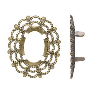 Component, antique gold-plated brass, 30x25mm oval with 18x13mm 4-prong oval setting. Sold per pkg of 12.