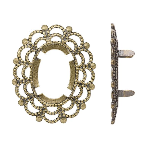 Component, antique gold-plated brass, 30x25mm oval with 18x13mm 4-prong oval setting. Sold per pkg of 12. image number 0