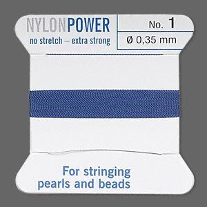 Thread, Griffin, nylon, blue, size #1. Sold per 2-meter card (approximately 78 inches).
