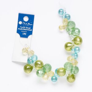 Drop, acrylic and glass, pastel green / pastel blue / pastel yellow, 10mm faceted round and 14mm round with checkerboard design. Sold per 7-inch strand.