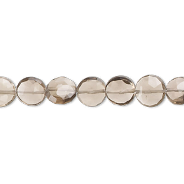 Bead, smoky quartz (heated / irradiated), light-medium, 6-8mm hand-cut faceted puffed flat round, B+ grade, Mohs hardness 7. Sold per 7-inch strand, approximately 25 beads. image number 0