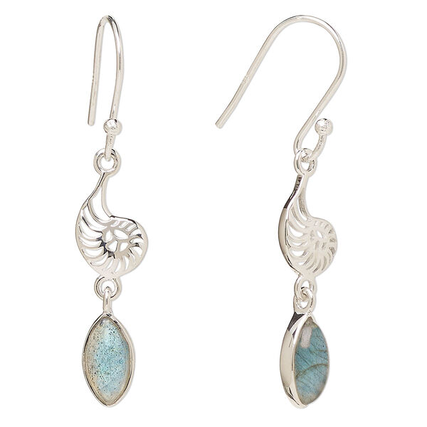 Ear wire, Create Compliments®, antiqued sterling silver and labradorite (natural), fishhook, 42.5mm with 26.5mm single-sided nautilus, 21 gauge. Sold per pair. image number 0