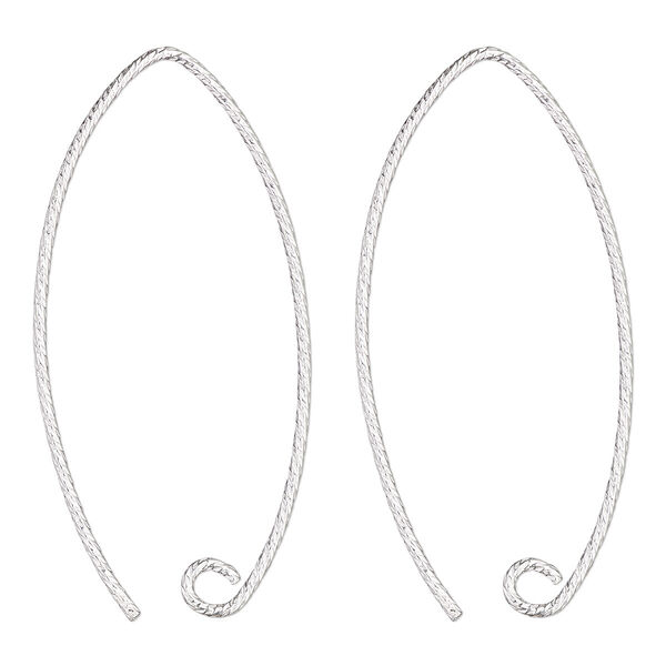 Ear wire, sterling silver, 32mm diamond-cut marquise with open loop, 21 gauge. Sold per pair. image number 0