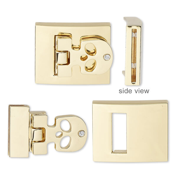 Clasp, hinged buckle, glass rhinestone / gold-finished steel / "pewter" (zinc-based alloy), clear, 29x23mm rectangle with skull and cutouts with glue-in ends and (6) micro screws, 20x1.5mm inside diameter. Sold individually. image number 0