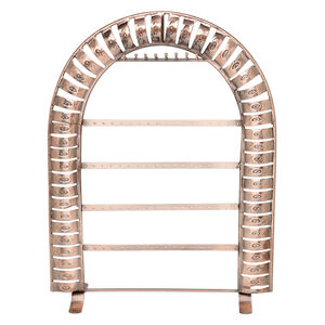 Display, necklace and earring, antique copper-finished steel, 14 x 12 x 4-inch arch with rectangles and 8 hooks, holds 36 pairs. Sold individually.