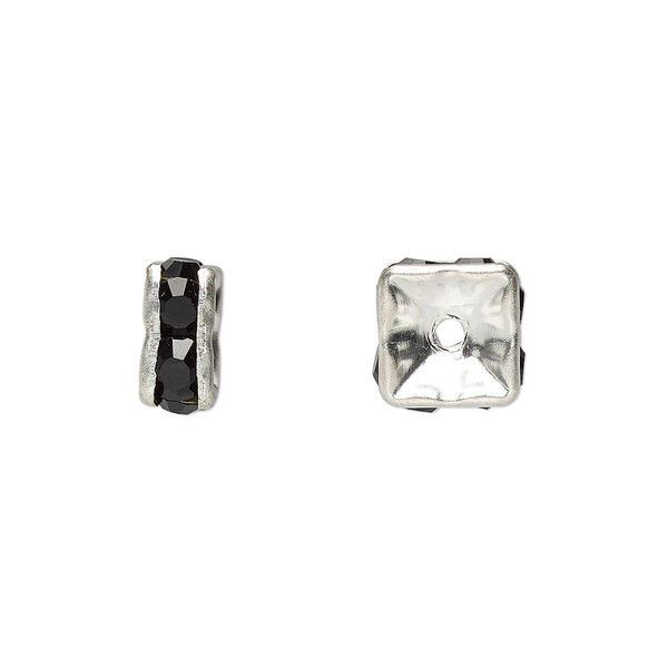 Bead, glass rhinestone and silver-plated brass, black, 8x4mm squaredelle. Sold per pkg of 10. image number 0