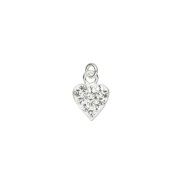 Charm, crystal / epoxy / sterling silver, clear and white, 7.5x7mm single-sided heart with 3mm closed jump ring. Sold individually. image number 0