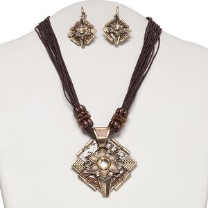 Necklace and earring set, antiqued gold-finished pewter (tin-based alloy) with acrylic and epoxy, champagne and brown, 60x60mm fancy diamond pendant on nylon cord, 16 inches with 2-inch steel extender chain and brass lobster claw clasp, 44x28mm earrings with leverback ear wire. Sold per set.