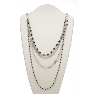 Necklace, 4-strand, glass / acrylic / silver-plated steel / aluminum, black, round, 28 inches with 2-inch extender chain and lobster claw clasp. Sold individually.