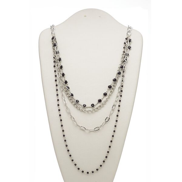Necklace, 4-strand, glass / acrylic / silver-plated steel / aluminum, black, round, 28 inches with 2-inch extender chain and lobster claw clasp. Sold individually. image number 0
