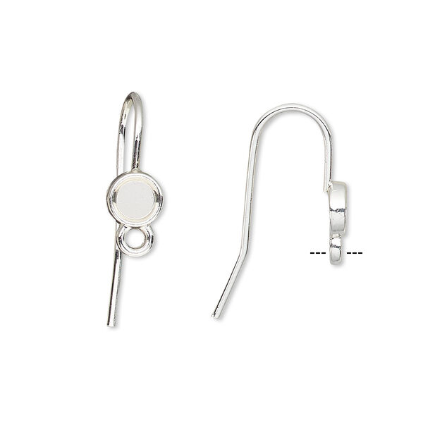 Ear wire, silver-finished brass, 14mm fishhook with 4mm round glue-in setting and closed loop, 18 gauge. Sold per pkg of 5 pairs. image number 0
